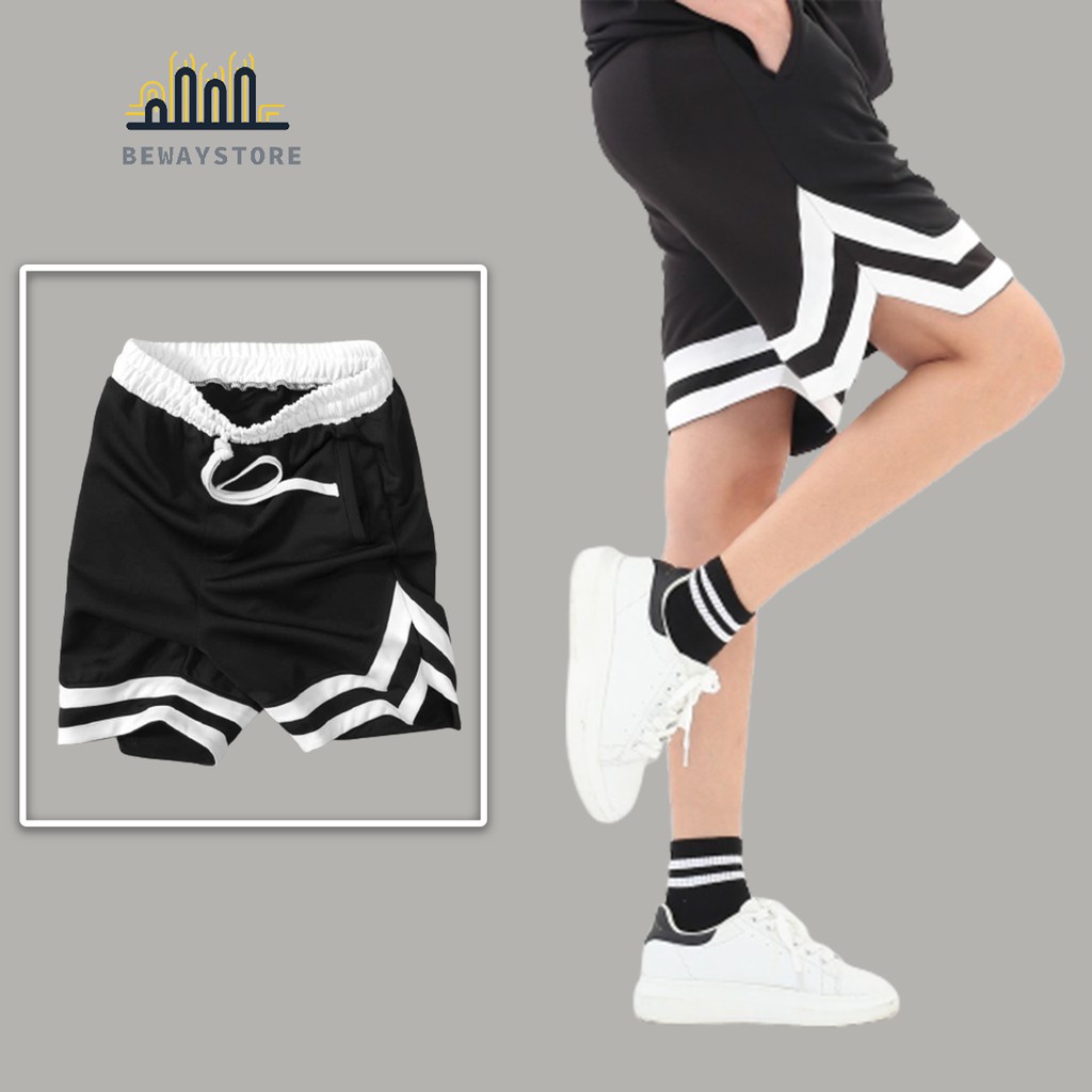 Quần short 2v unisex line sọc thể thao ống rộng vải poly 2 da 4 chiều