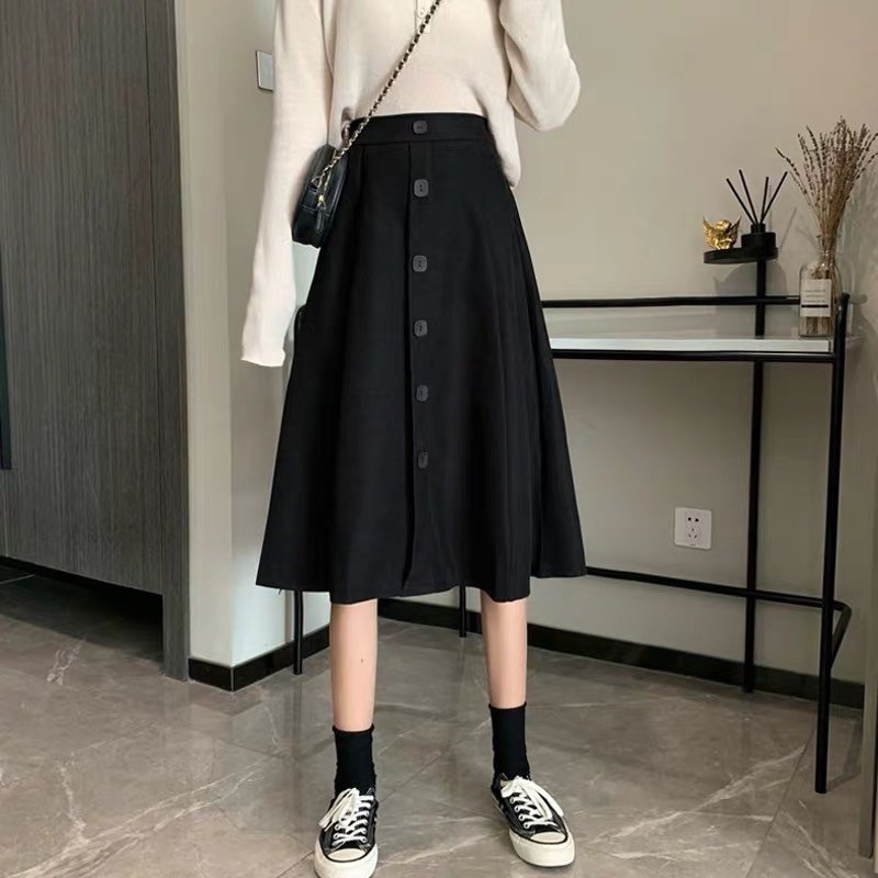 Chân váy dài midi đính cúc dáng xoè, chân váy công sở dài qua gối