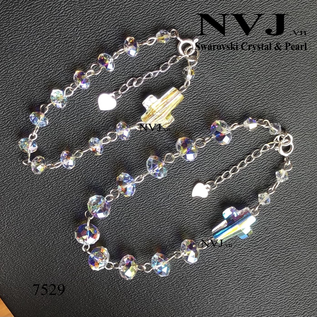 Chuỗi mân côi pha lê Áo Swarovski, hạt bánh cam 6,8ly 5040 001AB, khóa xích bạc 925, chiều dài tùy chọn