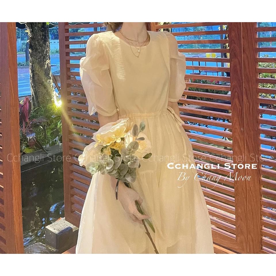 Váy tơ 2 lớp dáng xòe có rây rút eo, Váy babydoll tiểu thư