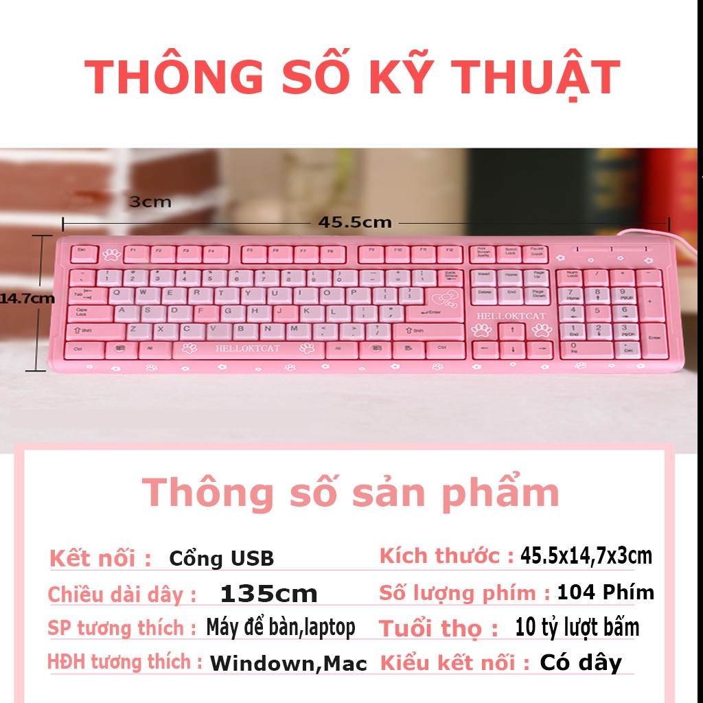 Bàn phím máy tính HELLO KITTY CAT Màu hồng | Bàn phím hồng siêu cute cho nữ Bảo Hành 12 Tháng | BigBuy360 - bigbuy360.vn