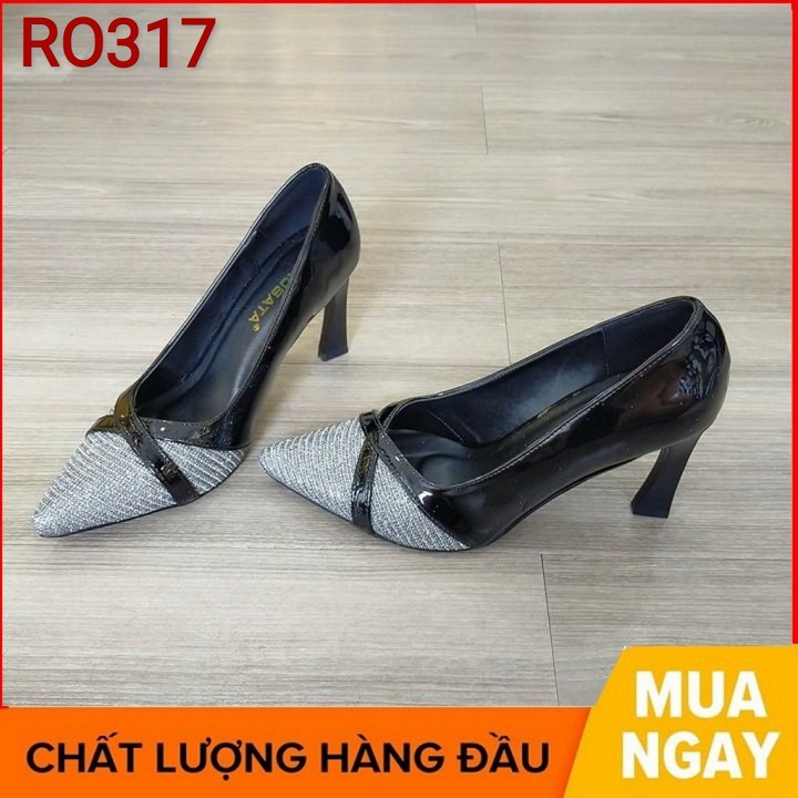 Giày cao gót nữ đẹp đế vuông 7 phân màu đen trắng hàng hiệu rosata ro317