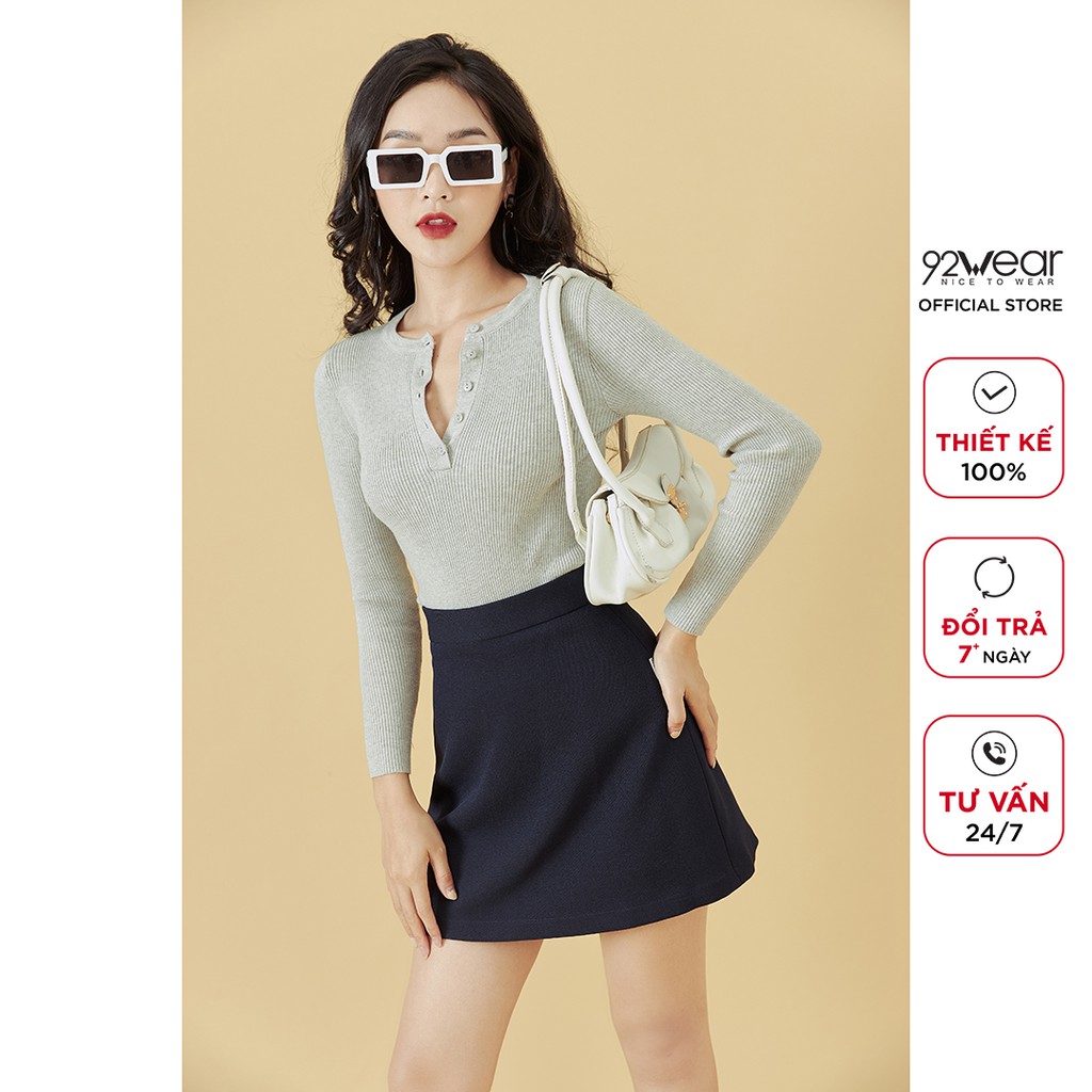 Áo len nữ ôm boby dài tay 92WEAR cổ tròn cúc cài, co giãn ALA0060