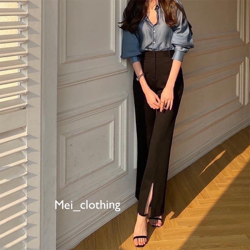 Quần ống loe xẻ gấu cực hack dáng chất tuyết mưa dày dặn