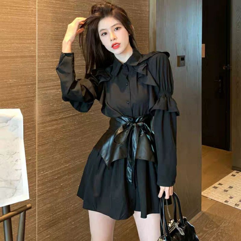 Váy sơ mi tiểu thư mix đai da