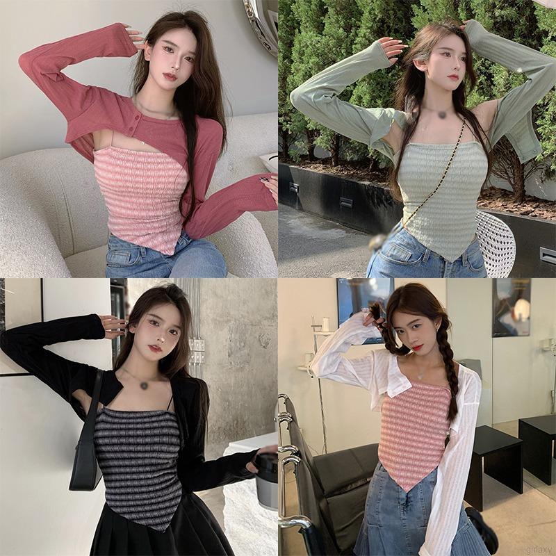 Áo croptop hai dây họa tiết sọc tà không cân xứng/ Áo khoác cardigan tay dài màu trơn thời trang hàn quốc (bán lẻ)