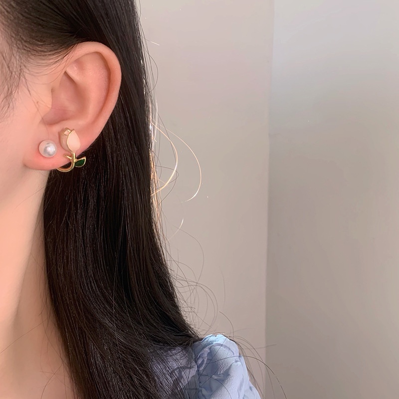 Bông Tai Mạ Bạc 925 Hình Hoa Tulip Đính Ngọc Trai Nhân Tạo Thời Trang