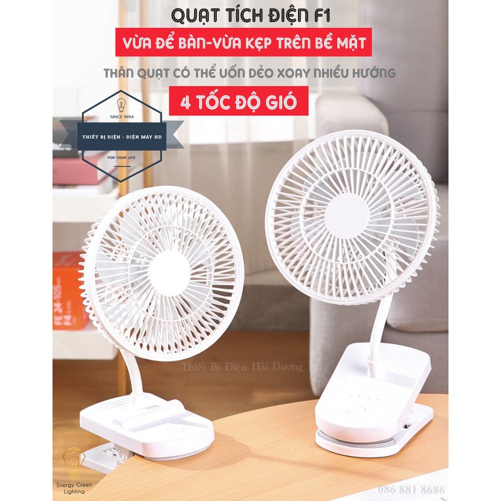 Quạt Tích Điện F1S Vừa Để Bàn - Vừa Kẹp Trên Bề Mặt - 4 Tốc Độ Gió Siêu Mát - Pin 2000mAh - Bảo Hành 1 Năm - Có Video