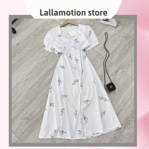 Váy hoa nhí tay bồng dáng dài xẻ tà vintage đẹp Lallastore 33