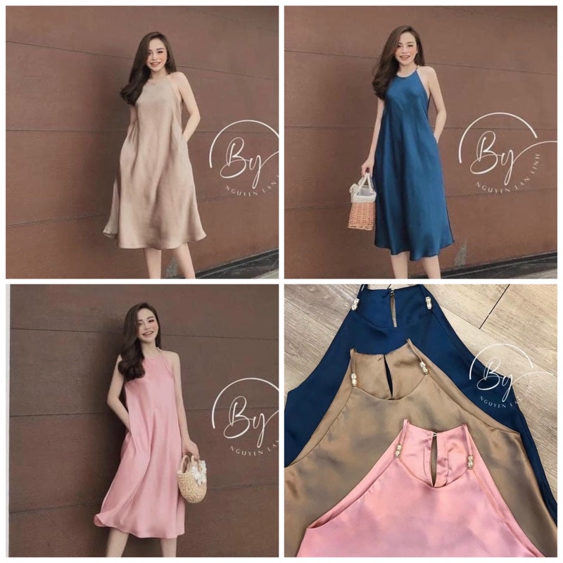 Đầmsuông-Váy LỤA cổ yếm sang choảnh -có may túi hông- hàng bán shop