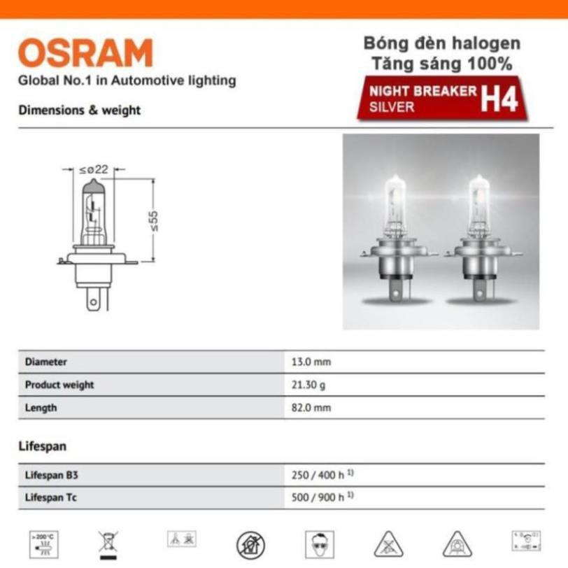 Bóng đèn halogen tăng sáng 100% OSRAM NIGHT BREAKER SILVER H4 12v 60/55w