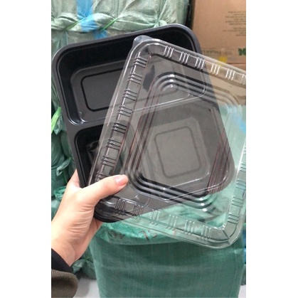 SET 100 cái hộp cơm nhựa đen 3 ngăn KT 19x22x4cm Kèm nắp NHỰA PET  dùng cho văn phòng, quán ăn, nhà hàng