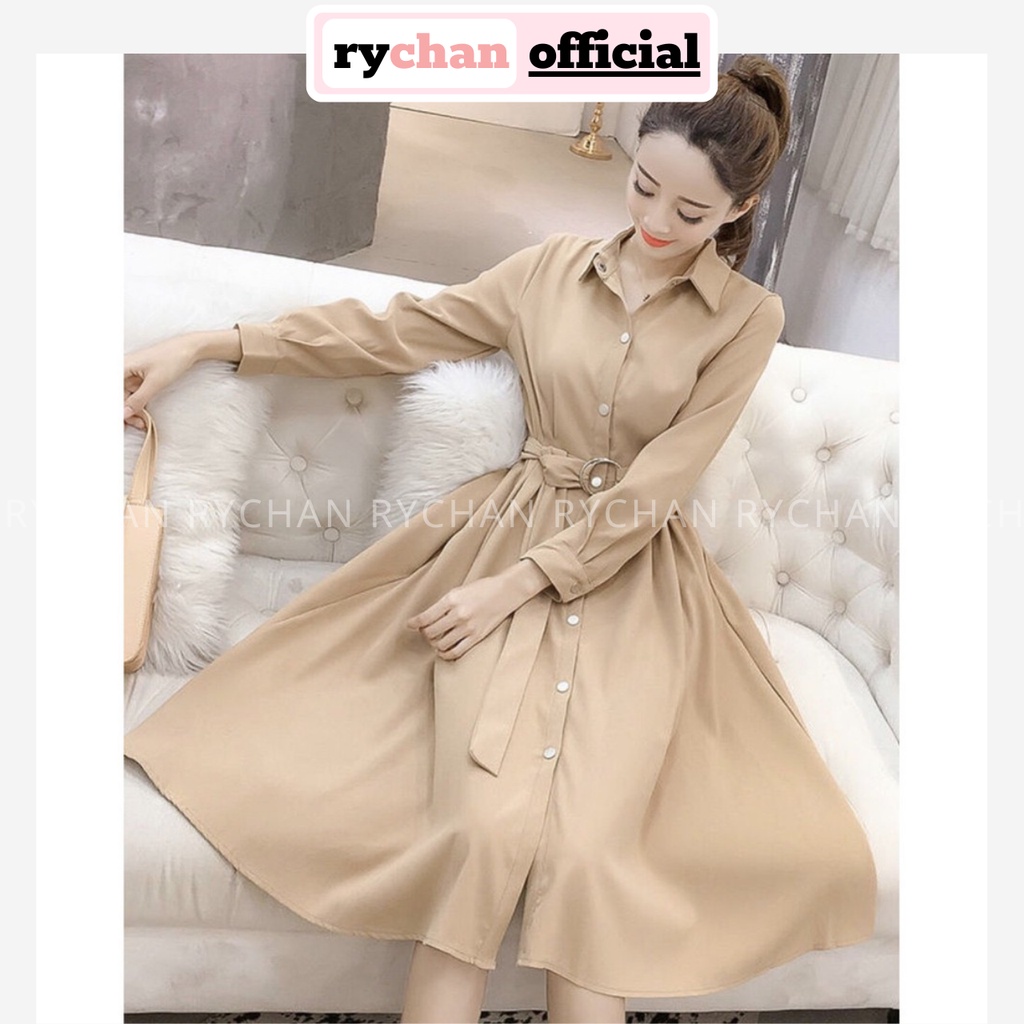 Đầm Xòe Midi Sơ Mi Kem Kèm Belt Tay Dài - DX519