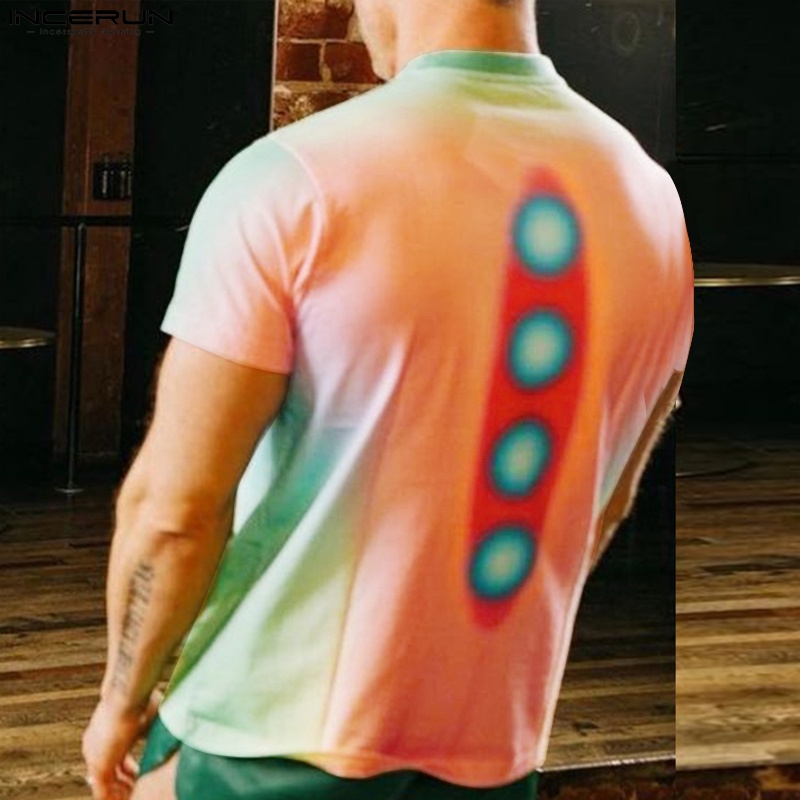 INCERUN Áo Thun Tay Ngắn Cổ Tròn In Màu Nhuộm Thời Trang Mùa Hè Cho Nam