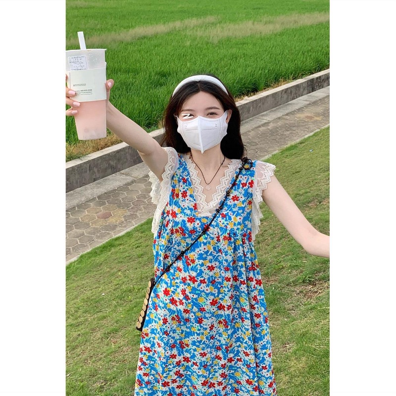 Đầm voan hoa không tay cổ chữ V thời trang nữ tính