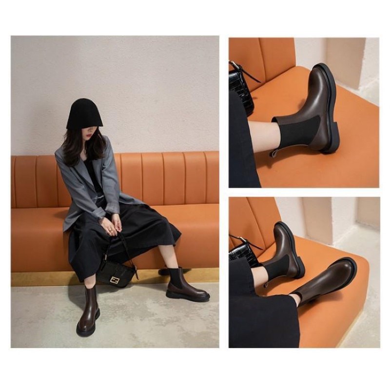 (CÓ SẴN - Đen) Giày boot chelsea da bò trơn cao cổ ulzzang cao cấp Tunime Store