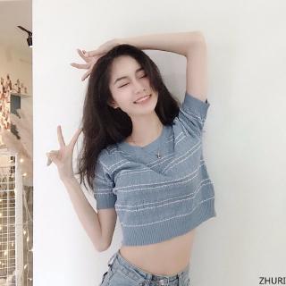 Áo Sweater Tay Ngắn Màu Sắc Retro Phong Cách Hàn Quốc
