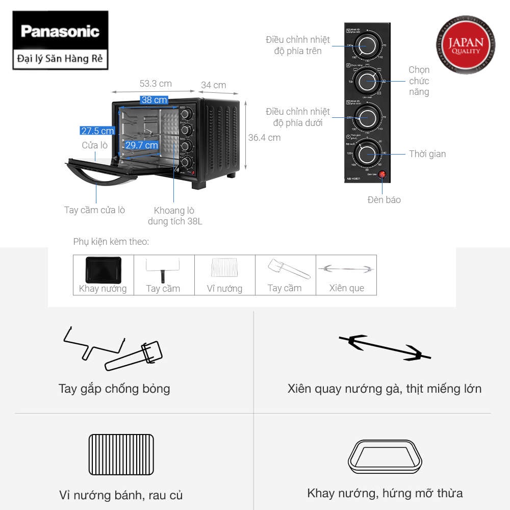 Lò nướng Panasonic NB-H3801KRA dung tích 38 lít, bảo hành 12 tháng