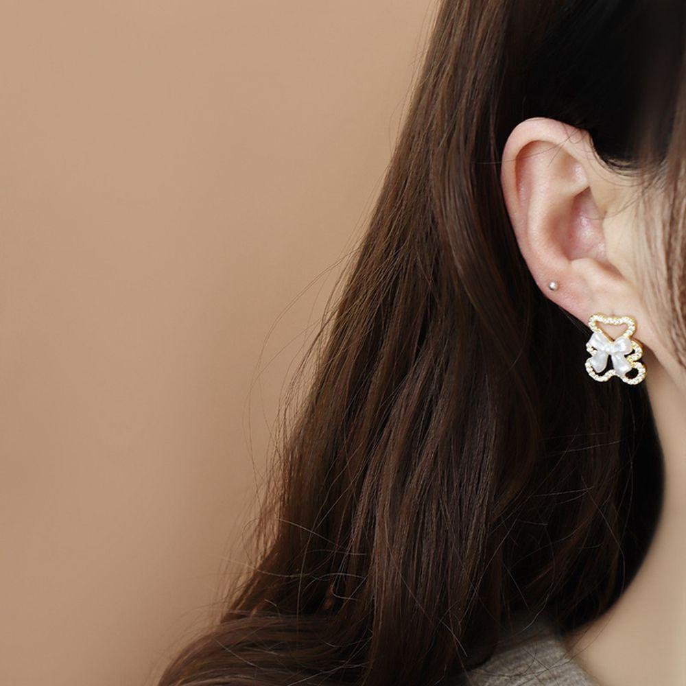 Bông Tai Hình Gấu Đính Kim Cương Giả Tinh Tế Cho Nữ|Khuyên Tai Ngọc Trai Nơ