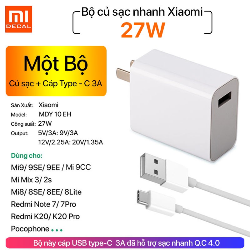 [ Củ sạc + Cáp type-C] Bộ sạc nhanh Xiaomi 27W MDY-10EH - Trắng [ Kèm dây sạc 3A ]