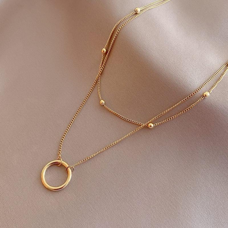 Dây chuyền hai lớp bằng thép titan mạ vàng 18K phối mặt hình tròn cao cấp thời trang cho nữ