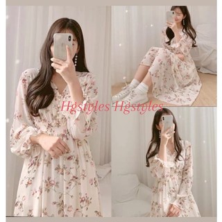 Đầm hoa nhí ulzzang/Váy hoa nhí cổ V Vintage