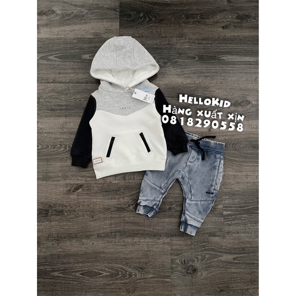 B377 - Bộ nỉ hoodie phối màu kèm jogger giả jean bé trai