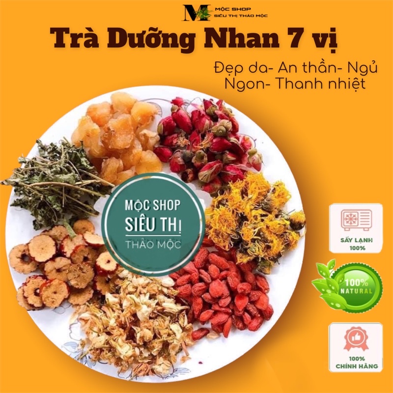 Trà dưỡng nhan 7 vi(Gồm: Hoa cúc, Nụ hồng,Long Nhãn,Kỳ tử,Cỏ Ngọt,Hoa Nhài,Táo đỏ)