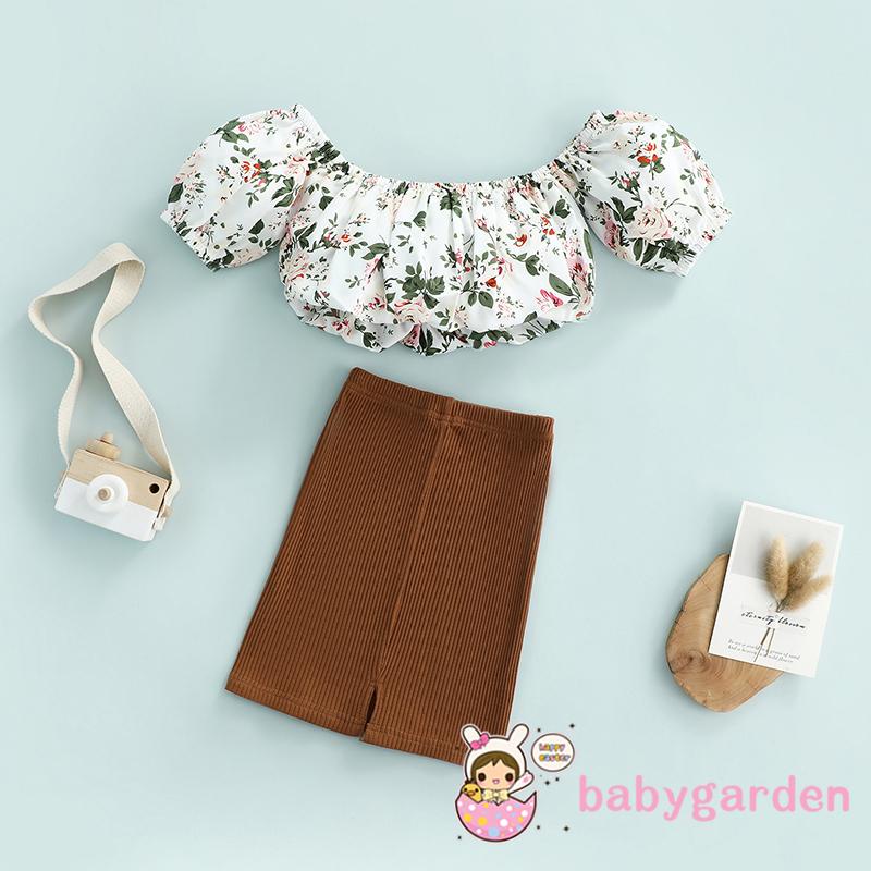 Bộ Áo Trễ Vai Ngắn Tay + Chân Váy Dệt Kim Lưng Thun In Hoa Xinh Xắn Cho Bé Gái 1-6 Tuổi