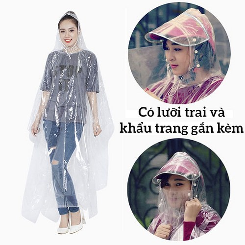 Combo 2 áo mưa trong suốt 1 đầu bằng nhựa vi sinh có khẩu trang