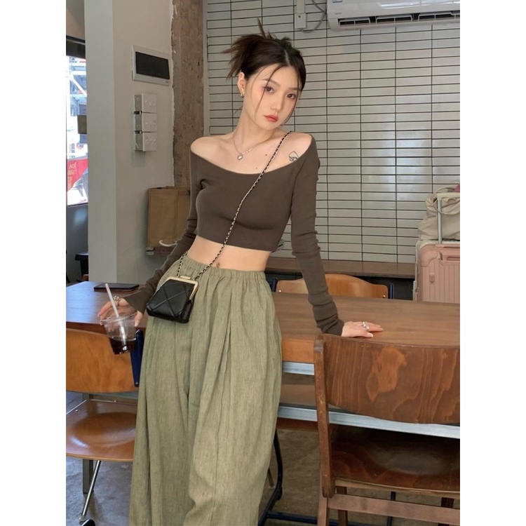 QADCOL  Set Áo Thun Lửng Dài Tay Và Quần Dài Ống Rộng Thời Trang Dành Cho Nữ