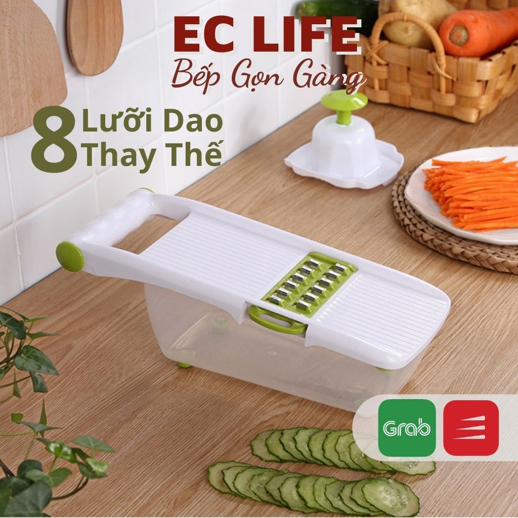 Bộ bào rau củ thông minh 8 lưỡi dao kèm hộp trữ thực phẩm đa năng và đầu bảo vệ  tiện dụng EC Life 0903