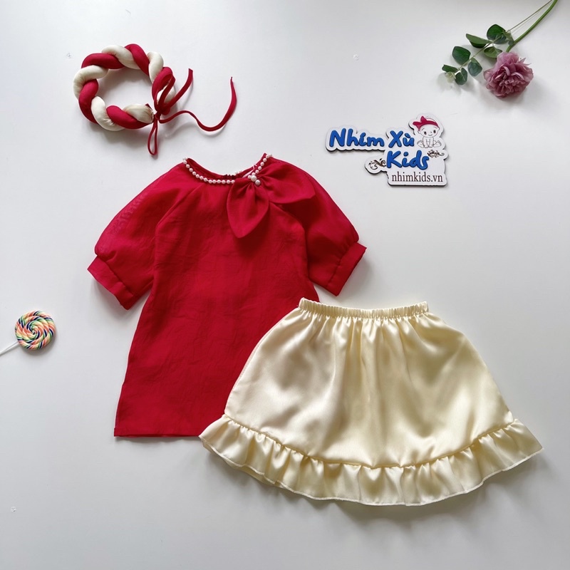 Sét Áo Dài Cách Tân Hoa Hồng Kèm Mấn Cho Bé Gái 4 Đến 30kg