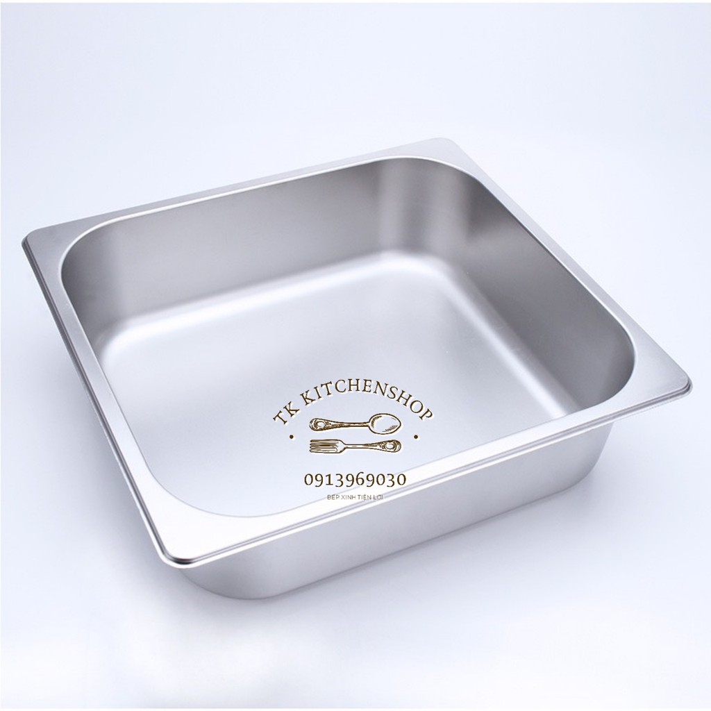 Khay inox đựng thực phẩm có nắp GN 2/3, Khay inox 2/3 kích thước 32,5x35,5cm đựng topping thach, đồ ăn, inox dày loại 1