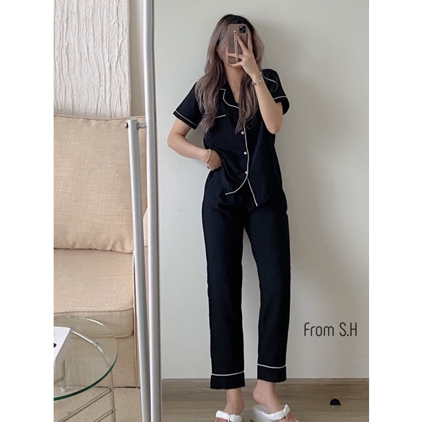 Sét bộ ngủ pyjama chất đũi xươc  trơn cổ vest