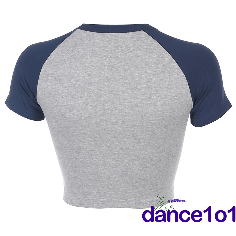 Áo Thun Croptop Cổ Tròn Phối Màu In Chữ Thời Trang Cho Nữ