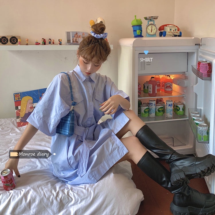 Đầm Sơ Mi Dáng Rộng Chiết Eo Phong Cách Hàn Quốc Thời Trang Mùa Hè Hàng Mới Dành Cho Bạn Nữ