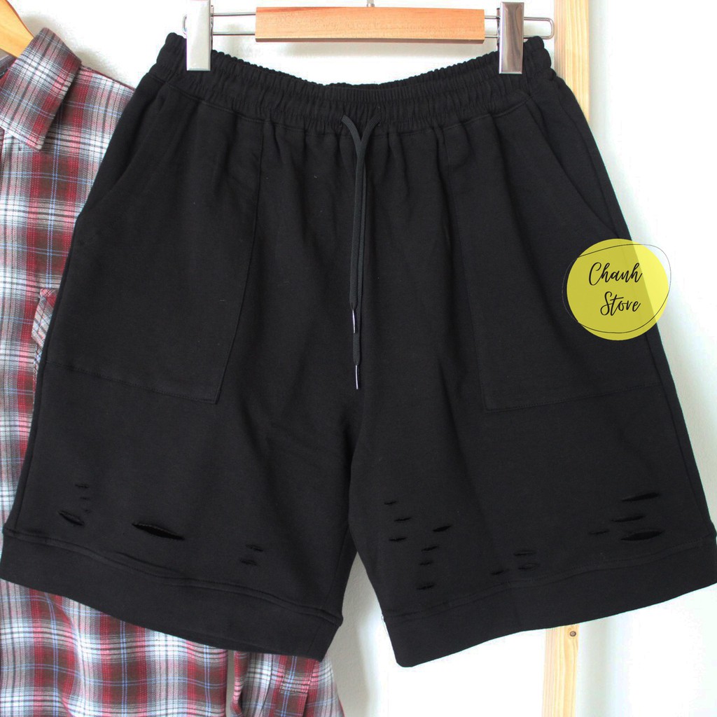 Quần Short Nam Streetwear Vải Nỉ Rách Gối  - Quần Đùi Nam Nữ Streetwear Vải Nỉ Co Giãn Tốt Thấm Hút Mồ Hôi