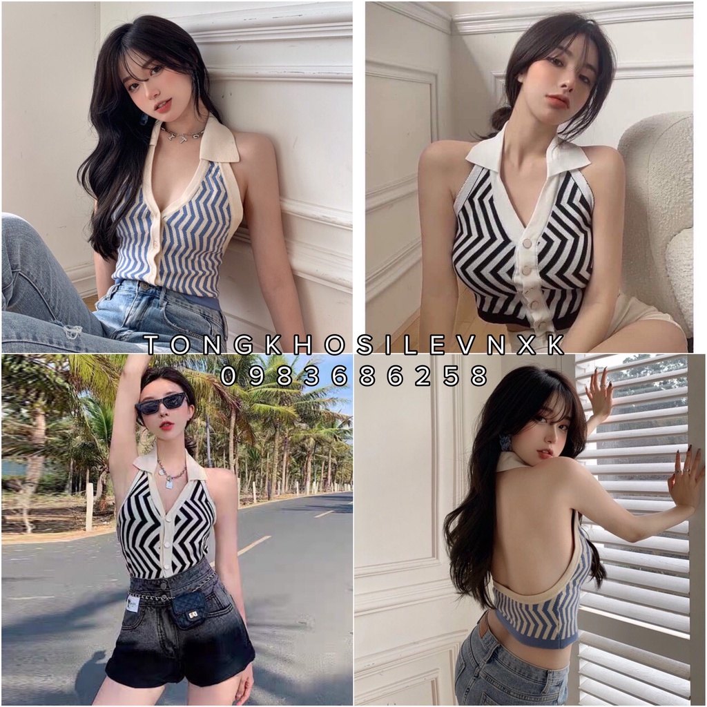 Áo Yếm Nữ Hoạ Tiết Sọc Xanh Đen Forgirl Hở Lưng Cổ Chữ V Dáng Ôm Gợi Cảm Thời Trang Hàn Quốc - Croptop Polo Ba Lỗ 2 Màu