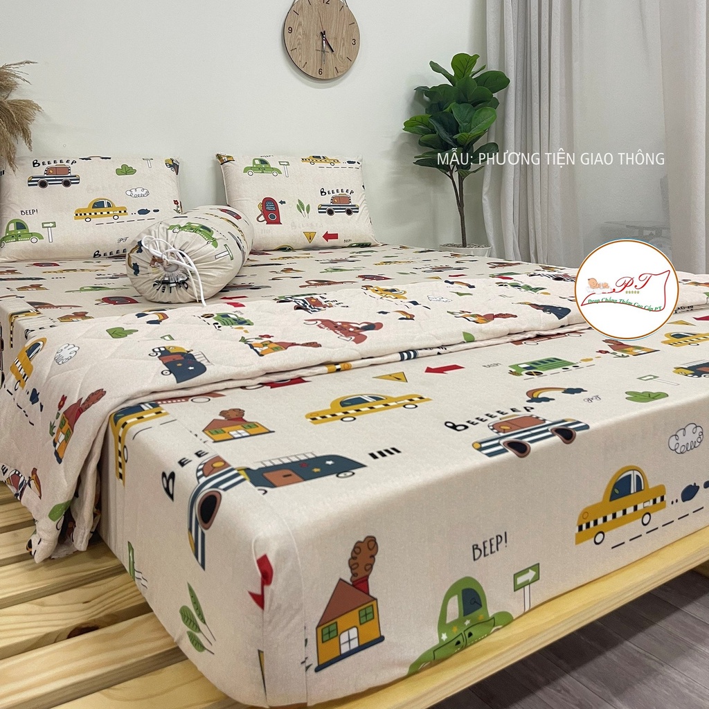 Bộ ga chống thấm cotton cho bé, drap chống thấm nước cao cấp kèm vỏ gối đầu và vỏ gối ôm mềm mịn mát (mẫu PT giao thông)