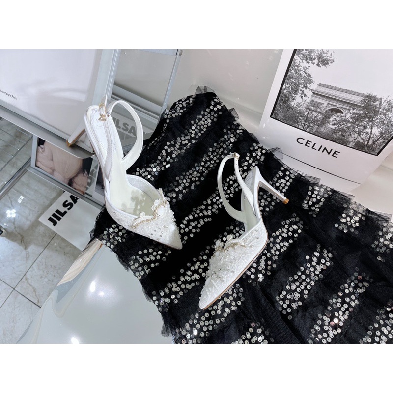 Giày cao gót mũi nhọn quai hậu đính đá và vải ren phong cách hoàng gia thương hiệu Rene Caovilla da thật cao cấp