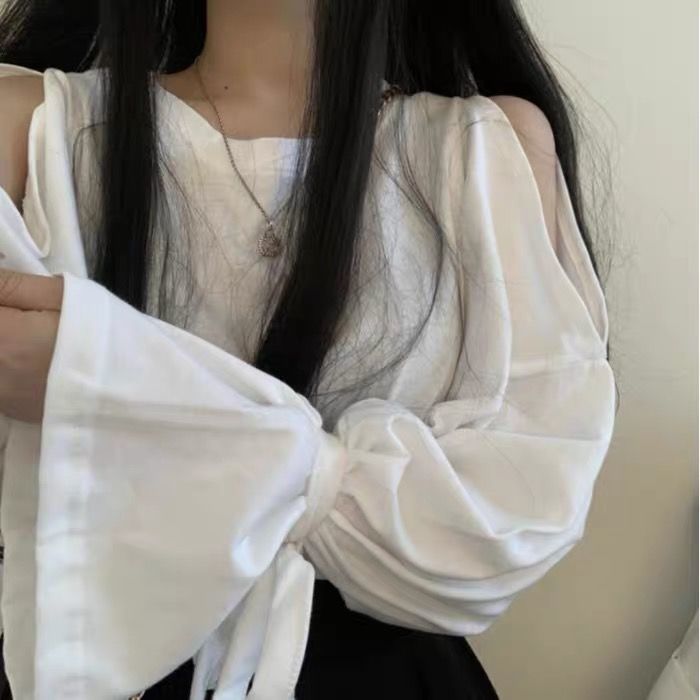 Áo thun dáng rộng trễ vai tay dài buộc dây cổ tròn thời trang Hàn Quốc cho nữ