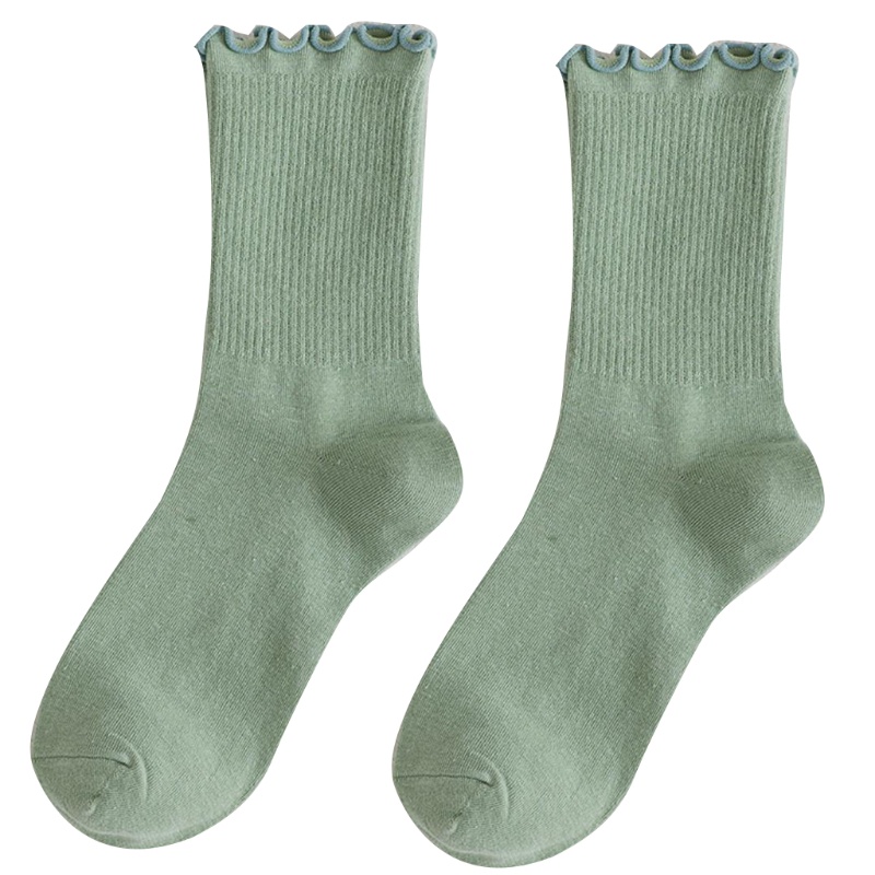 Vớ cotton dệt kim viền bèo nhún màu kẹo trơn phong cách mùa thu cho nữ
