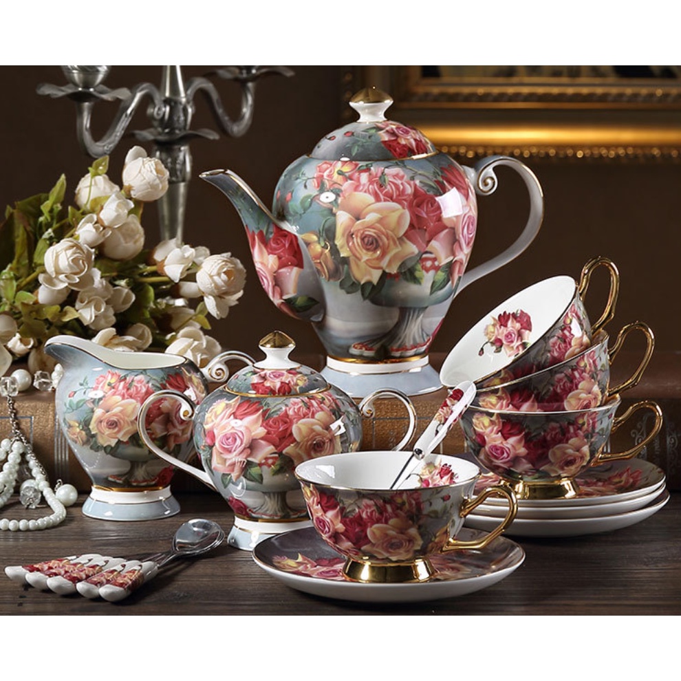 ấm chén cao cấp. Bộ Ấm Trà Gốm Sứ Hoạ Tiết - Set Ấm Chén kèm khung treo Gốm Sứ hoa văn phong cách Hoàng Gia