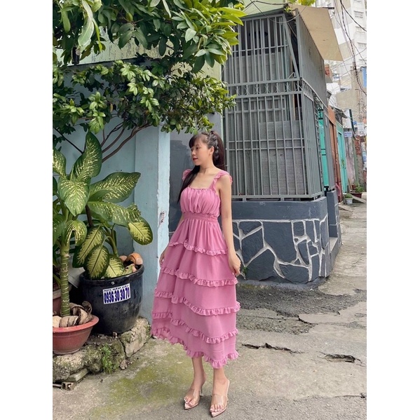 Đầm maxi cánh tiên phối tầng bèo dáng dài siêu xinh có mút-hình thật.