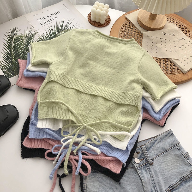 Áo Thun Đan Len Ngắn Thắt Eo Màu Hồng Phong Cách Hàn Quốc Dễ Phối Đồ Thời Trang Cho Nữ