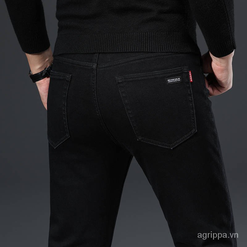 Quần jean dài dáng rộng ống suông vải cotton dày co giãn lót lông cừu ấm thời trang thu đông cho nam