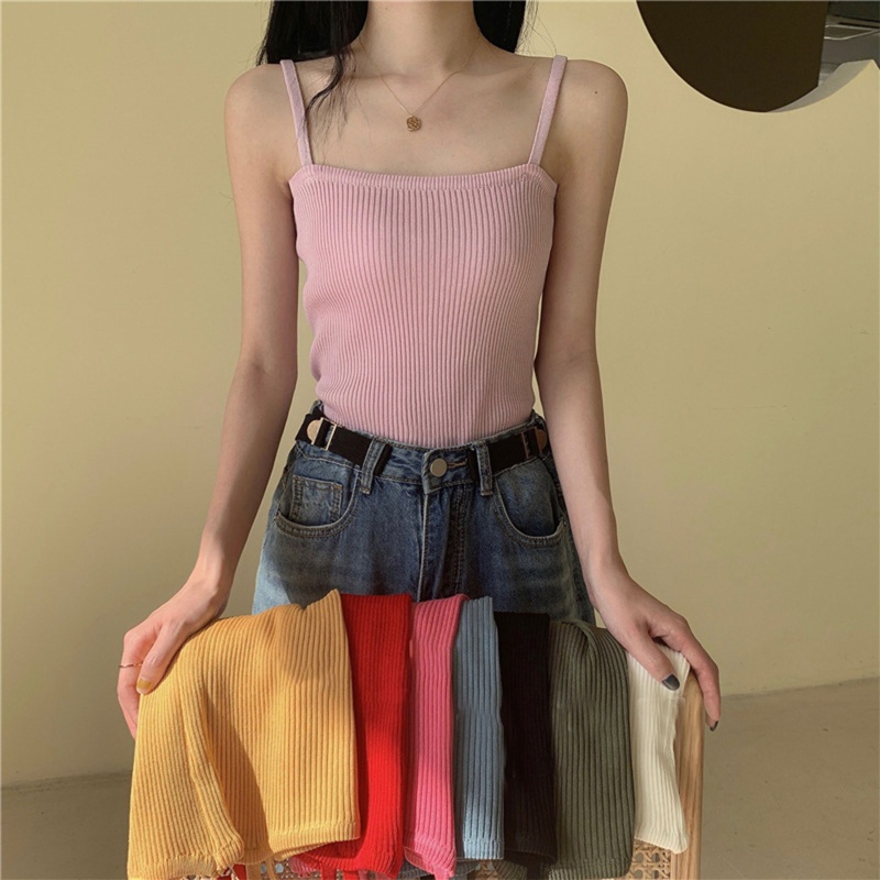 Brroa Áo Croptop Dệt Kim Lụa Lạnh Hai Dây Mỏng Màu Trơn Gợi Cảm Cho Nữ