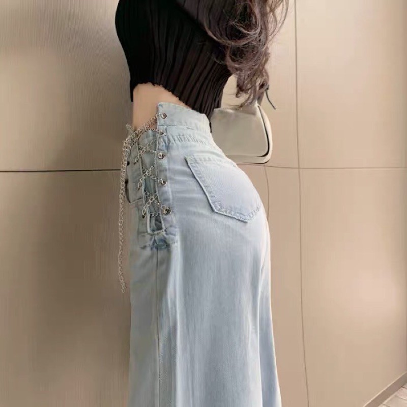 Quần jeans ống suông eo cao phối dây xích siêu hack dáng ❤️ Feedback khách mặc xinh như mẫu ❤️