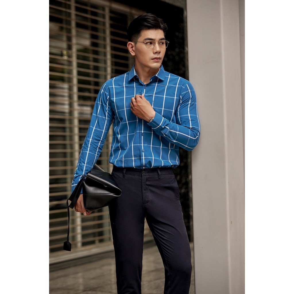 Áo Sơ Mi Americus Gosani Caro Phom Slimfit Màu Nâu Và Xanh Dương